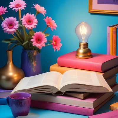 Digital Painting A Vibrant Scene Featuring An Open Book With A Pencil Resting Inside Surrounded By Stacked Colorful Books A Vase With Pink And Purple Flowers Is On The Left And A Warm Light Bulb On A Golden Base Illum 18 13c6