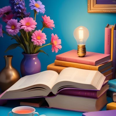 Digital Painting A Vibrant Scene Featuring An Open Book With A Pencil Resting Inside Surrounded By Stacked Colorful Books A Vase With Pink And Purple Flowers Is On The Left And A Warm Light Bulb On A Golden Base Illum 19 7a7c