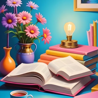 Digital Painting A Vibrant Scene Featuring An Open Book With A Pencil Resting Inside Surrounded By Stacked Colorful Books A Vase With Pink And Purple Flowers Is On The Left And A Warm Light Bulb On A Golden Base Illum 25 1842