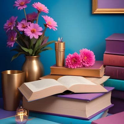 Digital Painting A Vibrant Scene Featuring An Open Book With A Pencil Resting Inside Surrounded By Stacked Colorful Books A Vase With Pink And Purple Flowers Is On The Left And A Warm Light Bulb On A Golden Base Illum 3 B5b5