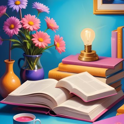 Digital Painting A Vibrant Scene Featuring An Open Book With A Pencil Resting Inside Surrounded By Stacked Colorful Books A Vase With Pink And Purple Flowers Is On The Left And A Warm Light Bulb On A Golden Base Illum 30 9fe5