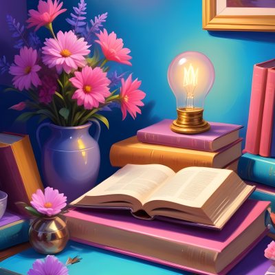 Digital Painting A Vibrant Scene Featuring An Open Book With A Pencil Resting Inside Surrounded By Stacked Colorful Books A Vase With Pink And Purple Flowers Is On The Left And A Warm Light Bulb On A Golden Base Illum 31 D2ae