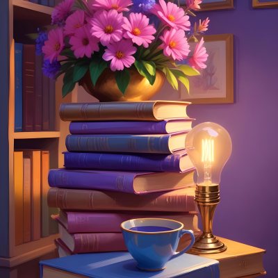 Digital Painting A Vibrant Scene Featuring An Open Book With A Pencil Resting Inside Surrounded By Stacked Colorful Books A Vase With Pink And Purple Flowers Is On The Left And A Warm Light Bulb On A Golden Base Illum 34 C62b