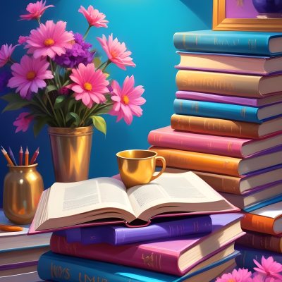 Digital Painting A Vibrant Scene Featuring An Open Book With A Pencil Resting Inside Surrounded By Stacked Colorful Books A Vase With Pink And Purple Flowers Is On The Left And A Warm Light Bulb On A Golden Base Illum 35 69fd