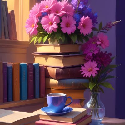 Digital Painting A Vibrant Scene Featuring An Open Book With A Pencil Resting Inside Surrounded By Stacked Colorful Books A Vase With Pink And Purple Flowers Is On The Left And A Warm Light Bulb On A Golden Base Illum 36 4f60