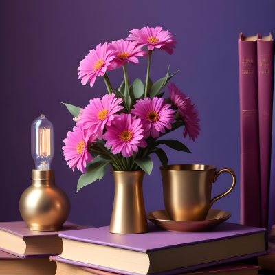 Digital Painting A Vibrant Scene Featuring An Open Book With A Pencil Resting Inside Surrounded By Stacked Colorful Books A Vase With Pink And Purple Flowers Is On The Left And A Warm Light Bulb On A Golden Base Illum 5 Db8a