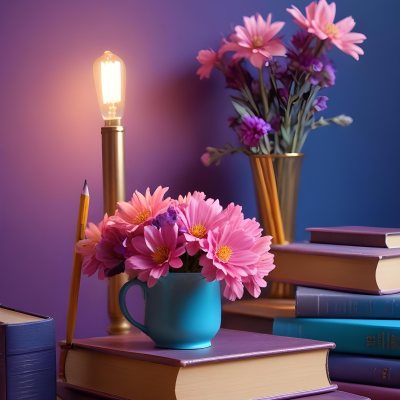 Digital Painting A Vibrant Scene Featuring An Open Book With A Pencil Resting Inside Surrounded By Stacked Colorful Books A Vase With Pink And Purple Flowers Is On The Left And A Warm Light Bulb On A Golden Base Illum 7 E4d3