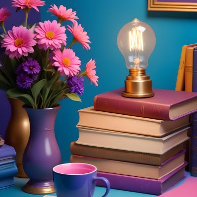 Digital Painting A Vibrant Scene Featuring An Open Book With A Pencil Resting Inside Surrounded By Stacked Colorful Books A Vase With Pink And Purple Flowers Is On The Left And A Warm Light Bulb On A Golden Base Illum 9 79de