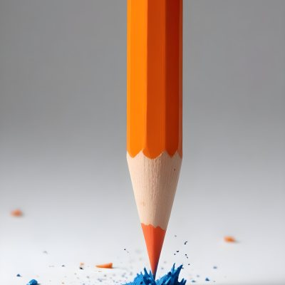 Digital Painting An Orange Colored Pencil With A Sharpened Tip Is Positioned Vertically Against A Light Gray Background Shavings In Various Colors Including Orange And Blue Are Scattered Around The Base Of The Pencil 1 67e8