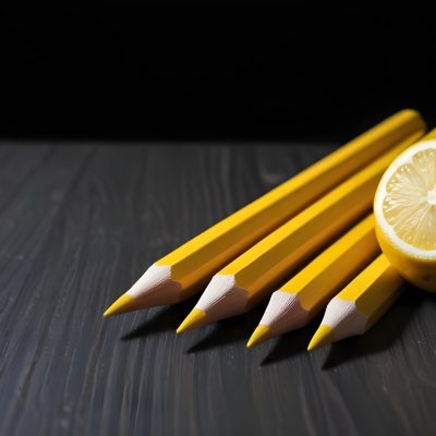 Yellow Pencils And A Lemon On A Dark Wooden Surface 10 968a