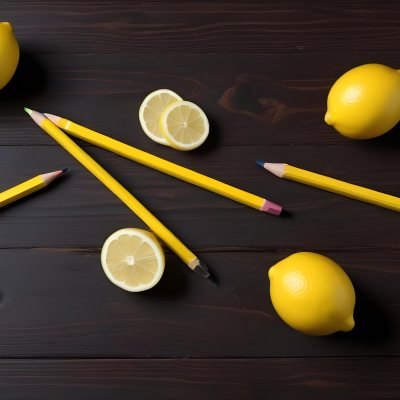 Yellow Pencils And A Lemon On A Dark Wooden Surface 12 C065