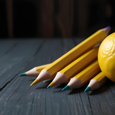 Yellow Pencils And A Lemon On A Dark Wooden Surface 13 6463