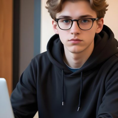 Young Caucasian Male Approximately 18 Years Old With Short Wavy Light Brown Hair And Glasses Wearing A Dark Hoodie Sitting In Front Of A Laptop With A Focused Expression In A Casual Indoor Environment 1 1148