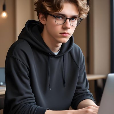 Young Caucasian Male Approximately 18 Years Old With Short Wavy Light Brown Hair And Glasses Wearing A Dark Hoodie Sitting In Front Of A Laptop With A Focused Expression In A Casual Indoor Environment 12 D79c