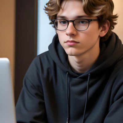 Young Caucasian Male Approximately 18 Years Old With Short Wavy Light Brown Hair And Glasses Wearing A Dark Hoodie Sitting In Front Of A Laptop With A Focused Expression In A Casual Indoor Environment 13 A13e