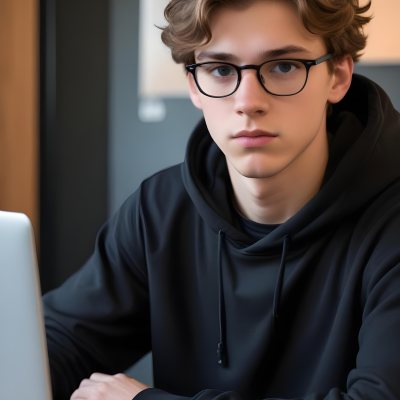 Young Caucasian Male Approximately 18 Years Old With Short Wavy Light Brown Hair And Glasses Wearing A Dark Hoodie Sitting In Front Of A Laptop With A Focused Expression In A Casual Indoor Environment 16 6b33