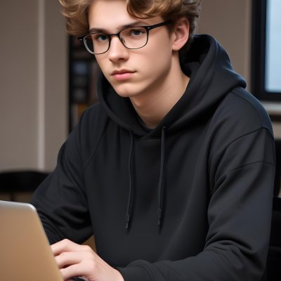 Young Caucasian Male Approximately 18 Years Old With Short Wavy Light Brown Hair And Glasses Wearing A Dark Hoodie Sitting In Front Of A Laptop With A Focused Expression In A Casual Indoor Environment 17 B28b