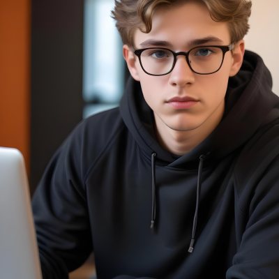 Young Caucasian Male Approximately 18 Years Old With Short Wavy Light Brown Hair And Glasses Wearing A Dark Hoodie Sitting In Front Of A Laptop With A Focused Expression In A Casual Indoor Environment 18 1dc5