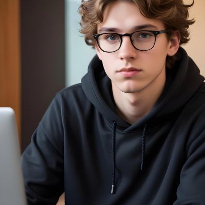 Young Caucasian Male Approximately 18 Years Old With Short Wavy Light Brown Hair And Glasses Wearing A Dark Hoodie Sitting In Front Of A Laptop With A Focused Expression In A Casual Indoor Environment 19 1726