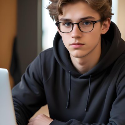 Young Caucasian Male Approximately 18 Years Old With Short Wavy Light Brown Hair And Glasses Wearing A Dark Hoodie Sitting In Front Of A Laptop With A Focused Expression In A Casual Indoor Environment 2 9f87