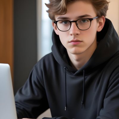 Young Caucasian Male Approximately 18 Years Old With Short Wavy Light Brown Hair And Glasses Wearing A Dark Hoodie Sitting In Front Of A Laptop With A Focused Expression In A Casual Indoor Environment 20 091e