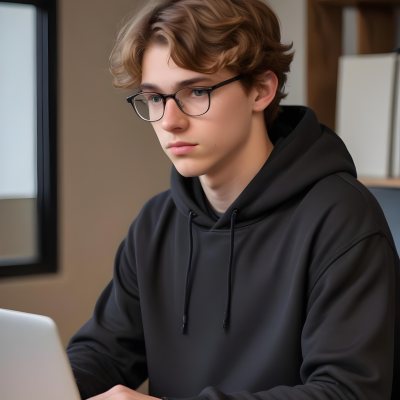 Young Caucasian Male Approximately 18 Years Old With Short Wavy Light Brown Hair And Glasses Wearing A Dark Hoodie Sitting In Front Of A Laptop With A Focused Expression In A Casual Indoor Environment 3 D1b9
