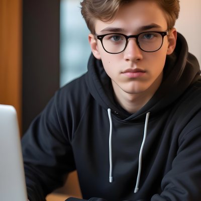 Young Caucasian Male Approximately 18 Years Old With Short Wavy Light Brown Hair And Glasses Wearing A Dark Hoodie Sitting In Front Of A Laptop With A Focused Expression In A Casual Indoor Environment 4 77eb
