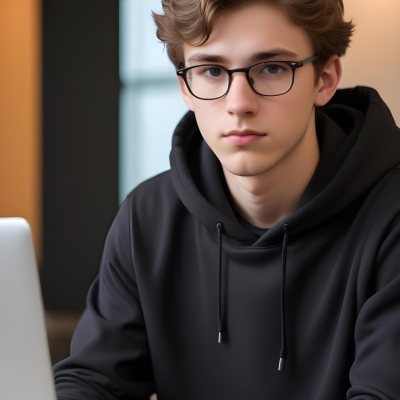 Young Caucasian Male Approximately 18 Years Old With Short Wavy Light Brown Hair And Glasses Wearing A Dark Hoodie Sitting In Front Of A Laptop With A Focused Expression In A Casual Indoor Environment 5 2838