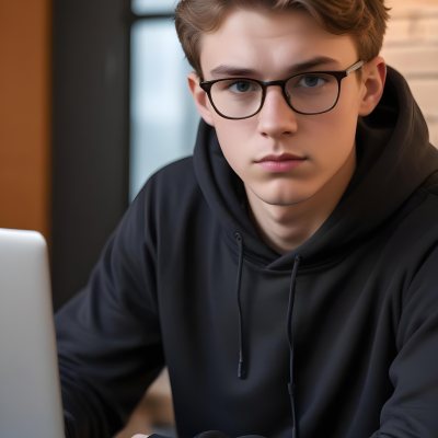 Young Caucasian Male Approximately 18 Years Old With Short Wavy Light Brown Hair And Glasses Wearing A Dark Hoodie Sitting In Front Of A Laptop With A Focused Expression In A Casual Indoor Environment 6 C6cb