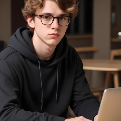 Young Caucasian Male Approximately 18 Years Old With Short Wavy Light Brown Hair And Glasses Wearing A Dark Hoodie Sitting In Front Of A Laptop With A Focused Expression In A Casual Indoor Environment 7 Debf