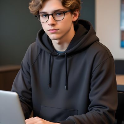 Young Caucasian Male Approximately 18 Years Old With Short Wavy Light Brown Hair And Glasses Wearing A Dark Hoodie Sitting In Front Of A Laptop With A Focused Expression In A Casual Indoor Environment 8 8860