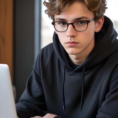 Young Caucasian Male Approximately 18 Years Old With Short Wavy Light Brown Hair And Glasses Wearing A Dark Hoodie Sitting In Front Of A Laptop With A Focused Expression In A Casual Indoor Environment 9 0f51