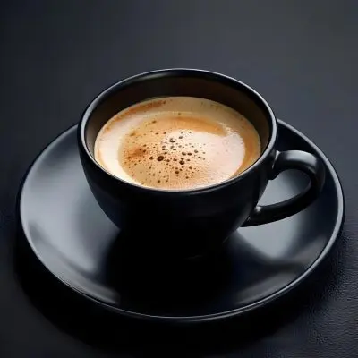 A Black Cup Of Coffee With Foam On A Black Plate On A Black Table 23 E4b6