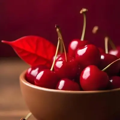 A Bowl Full Of Red Cherries With A Red Leaf On A Wooden Table With A Blurred Red Background 1 Aacc