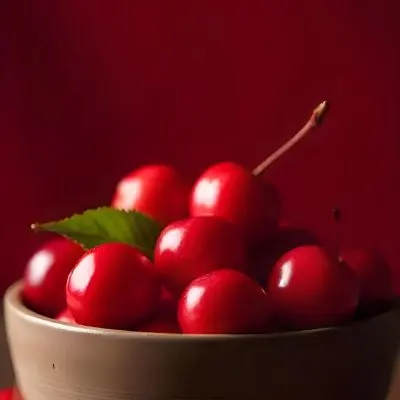 A Bowl Full Of Red Cherries With A Red Leaf On A Wooden Table With A Blurred Red Background 15 10f8