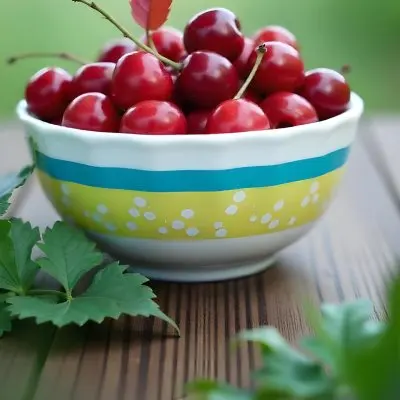 A Bowl Full Of Red Cherries With A Red Leaf On A Wooden Table With A Blurred Red Background 20 629b
