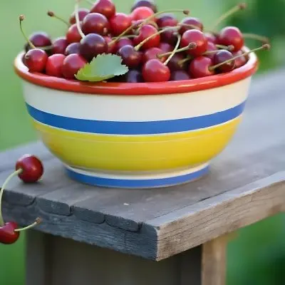 A Bowl Full Of Red Cherries With A Red Leaf On A Wooden Table With A Blurred Red Background 24 5566