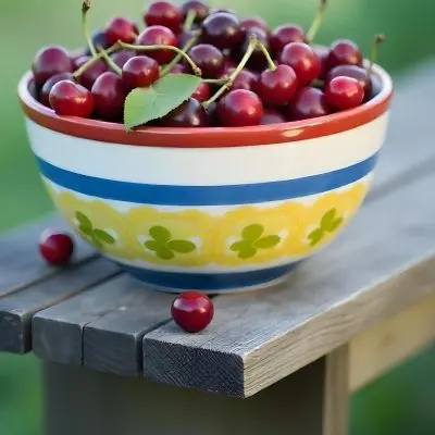 A Bowl Full Of Red Cherries With A Red Leaf On A Wooden Table With A Blurred Red Background 28 B1b0