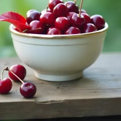A Bowl Full Of Red Cherries With A Red Leaf On A Wooden Table With A Blurred Red Background 29 F3c5
