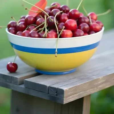 A Bowl Full Of Red Cherries With A Red Leaf On A Wooden Table With A Blurred Red Background 4 A1d4