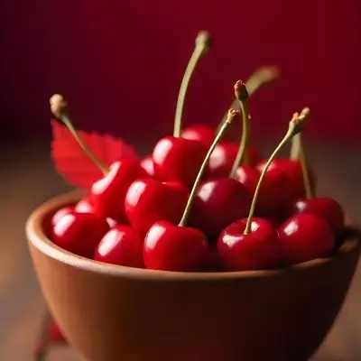 A Bowl Full Of Red Cherries With A Red Leaf On A Wooden Table With A Blurred Red Background 6 18f6