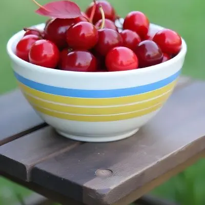 A Bowl Full Of Red Cherries With A Red Leaf On A Wooden Table With A Blurred Red Background 7 326e