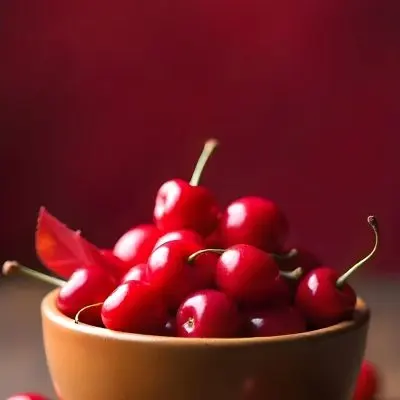 A Bowl Full Of Red Cherries With A Red Leaf On A Wooden Table With A Blurred Red Background 8 D699