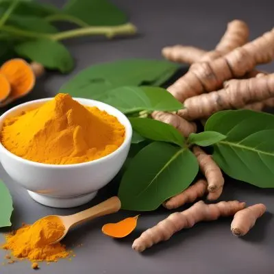 A Bowl Of Bright Yellow Turmeric Powder Surrounded By Fresh Turmeric Roots And Leaves 3 4fb9