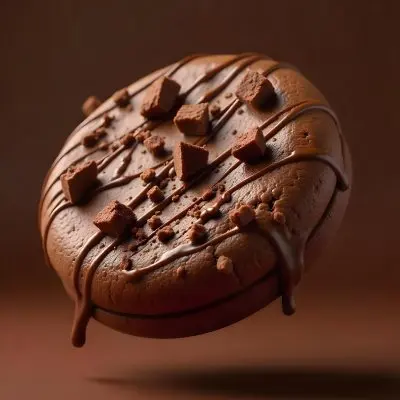 A Chocolate Cookie With Chocolate Syrup Dripping Down And Chocolate Crumbs On Top Floating In A Brown Background 15 B482