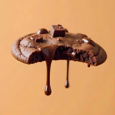 A Chocolate Cookie With Chocolate Syrup Dripping Down And Chocolate Crumbs On Top Floating In A Brown Background 19 5e8f