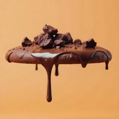 A Chocolate Cookie With Chocolate Syrup Dripping Down And Chocolate Crumbs On Top Floating In A Brown Background 23 1738
