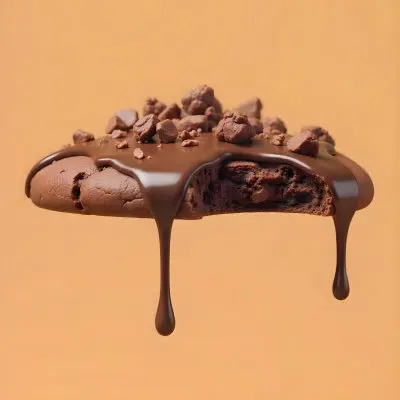 A Chocolate Cookie With Chocolate Syrup Dripping Down And Chocolate Crumbs On Top Floating In A Brown Background 24 A0fb