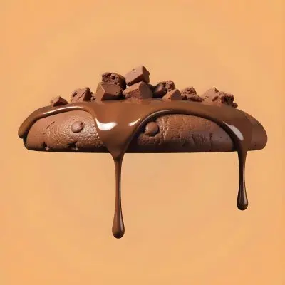 A Chocolate Cookie With Chocolate Syrup Dripping Down And Chocolate Crumbs On Top Floating In A Brown Background 27 Dc53