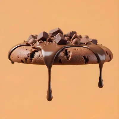A Chocolate Cookie With Chocolate Syrup Dripping Down And Chocolate Crumbs On Top Floating In A Brown Background 28 D015